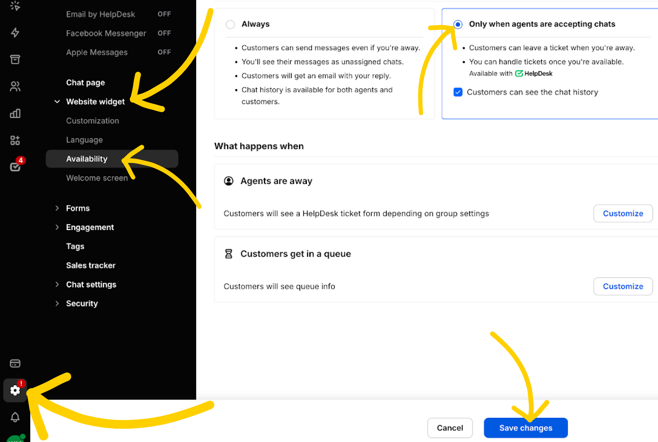 Availability settings in LiveChat.