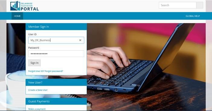 Image of the Delaware Taxpayer Portal page