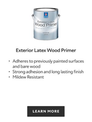 Exterior Latex Wood Primer. Adheres to previously painted surfaces and bare wood. Strong adhesion and long lasting finish. Mildew resistant. Learn more.