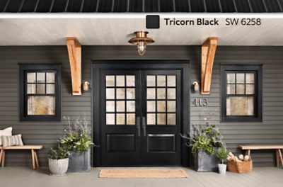 The entrance to a home with double front doors painted Tricorn Black and gray siding.