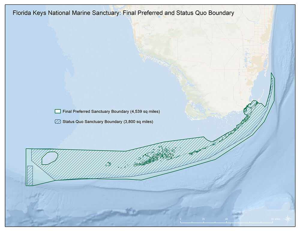 a map of South Florida and the Florida Keys showing the status quo boundary of Florida Keys National Marine Sanctuary and the new boundary line under Restoration Blueprint