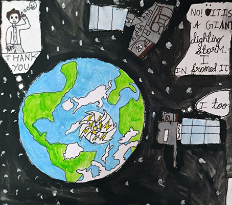 Illustration of two spacecraft in orbit working together to predict lightning strikes on Earth.