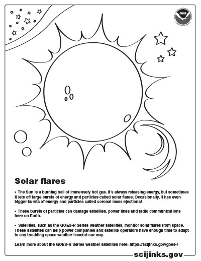 Coloring page featuring the Sun and a solar flare.