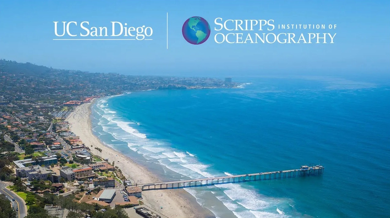 Aerial view of Scripps Oceanography overlooking La Jolla Cove and Scripps Pier.