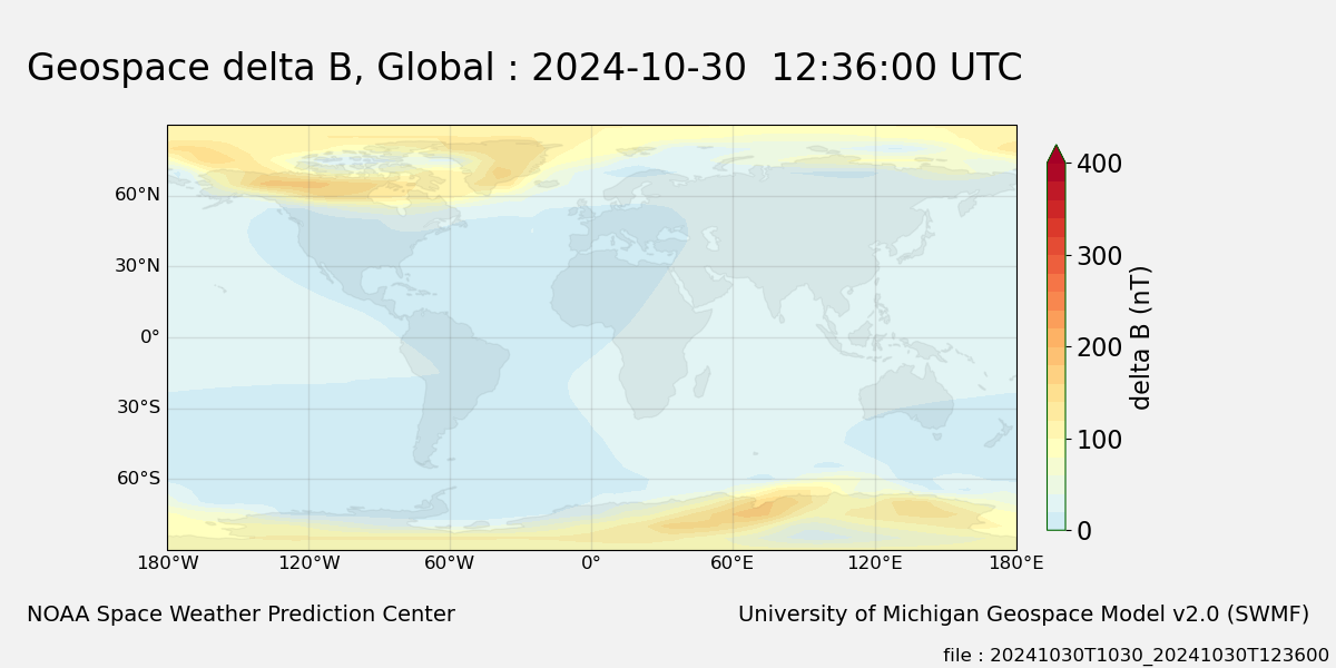 The Geospace model magnetic delta B (nT) data on a global 5 x 5 degree grid mapped as a color contour plot over the globe