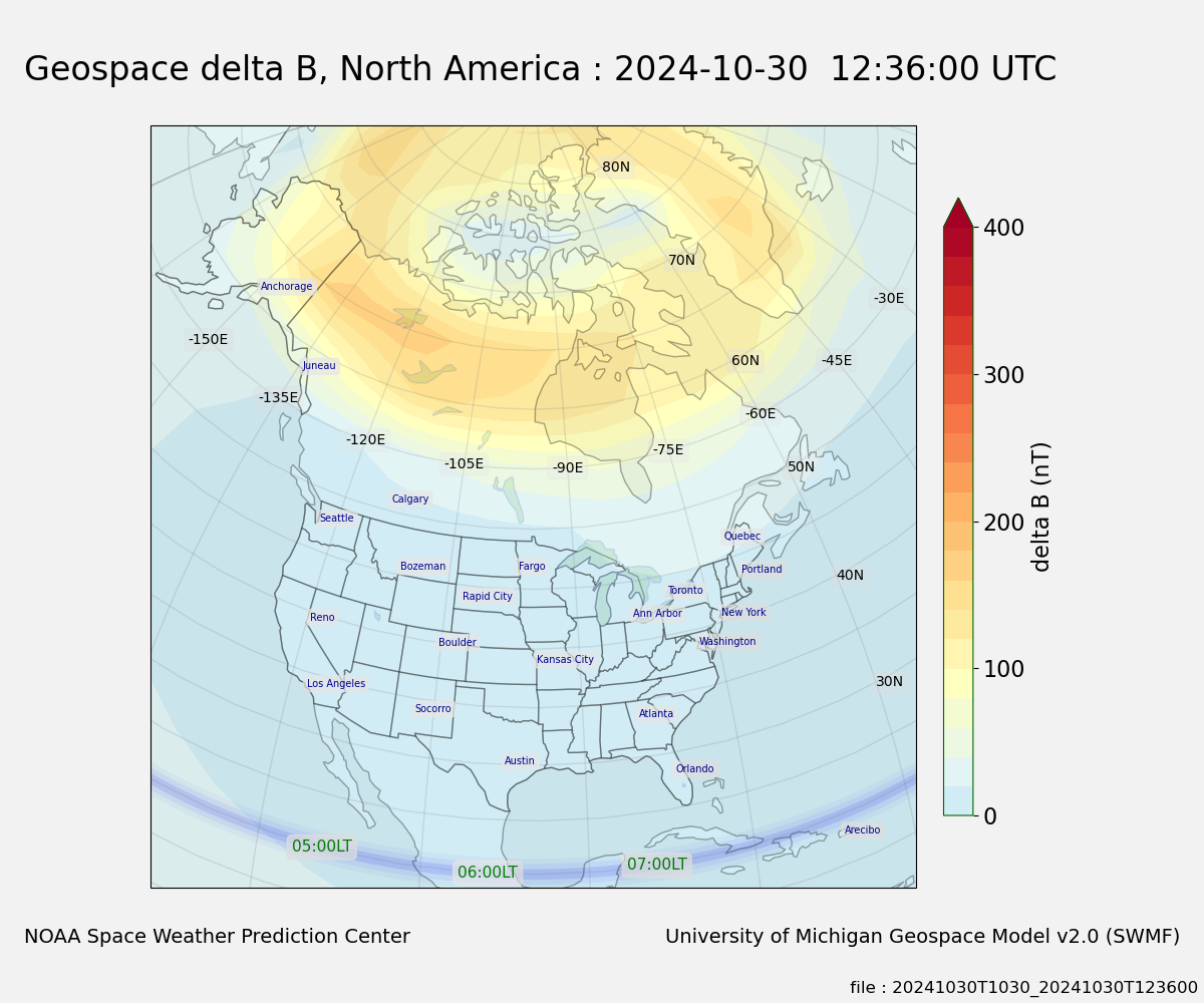 The Geospace model magnetic delta B (nT) data on a global 5 x 5 degree grid mapped as a color contour plot over North America