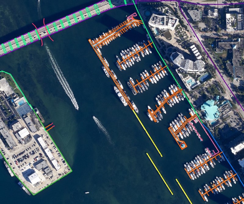 aerial image with color coded shoreline vectors.