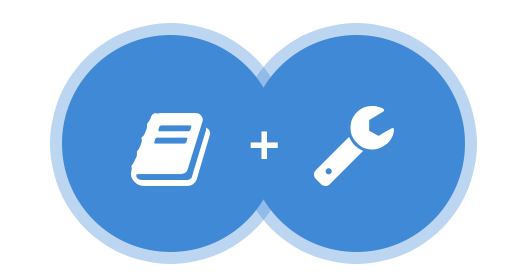 Icons of a planner and wrench in overlapping circles, with a "+" connecting the two circles.