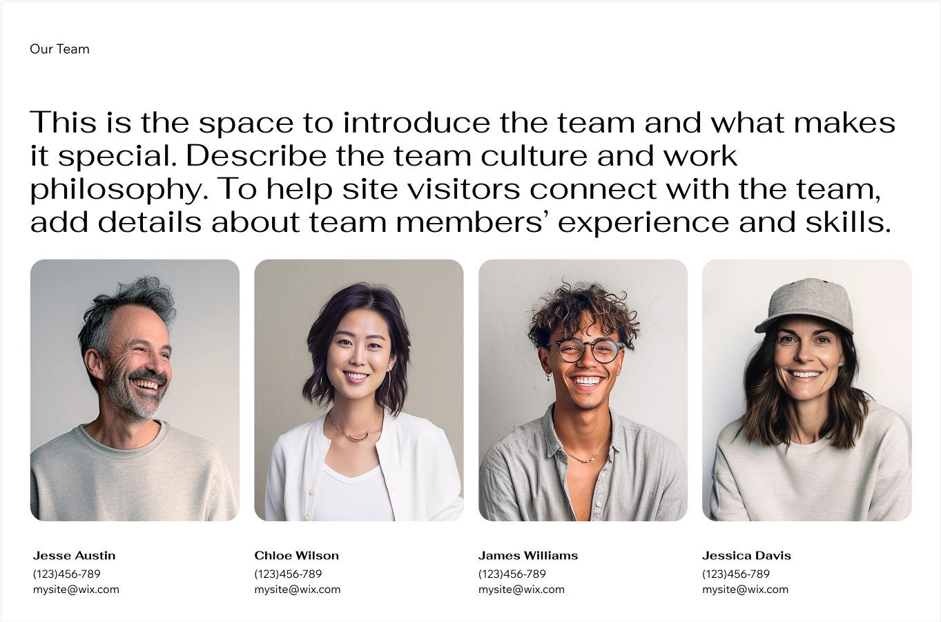 A pre-designed team section for a website that is available in Wix Studio. There is placeholder text on top with four images of team members and their names, titles and email addresses below.