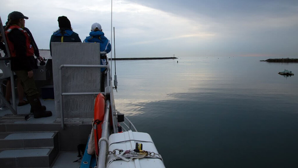 people on the bow of a research vessel