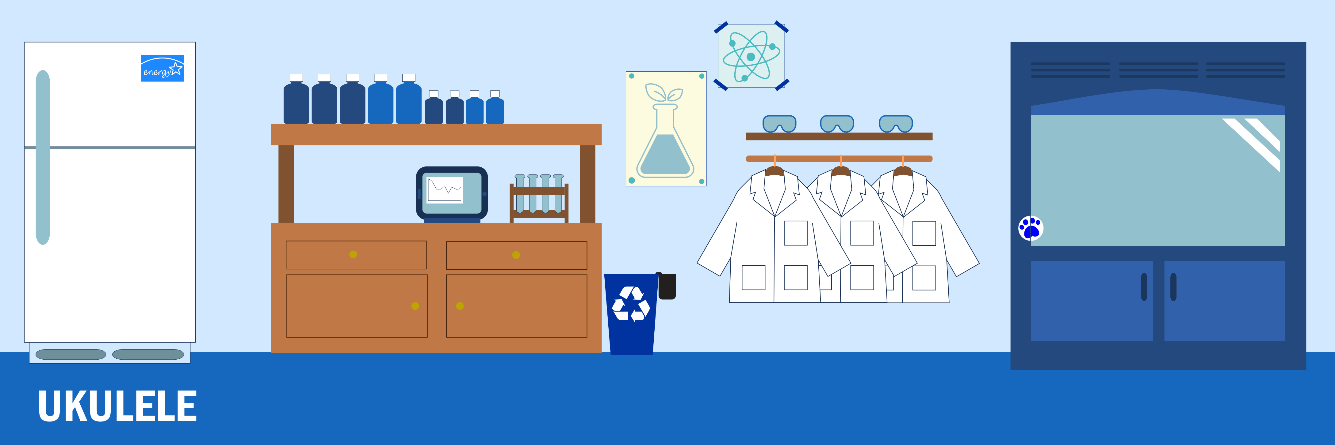 Banner image of a laboratory, including (left to right) a freezer, work station, recycling bin, lab coats, and a biosafety cabinet.