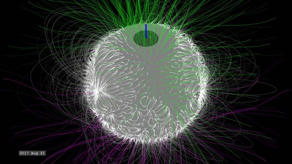 This movie gives a view starting at equator and tipping to a view of the north heliographic pole (the blue axis) then dipping down to the south heliographic pole.  Closed field lines are white/grey, green and violet lines represent field lines that are considered 'open'.  Green represents positive magnetic polarity, and violet represents negative polarity.  The dark rings around the blue polar axis show the region where the solar surface magnetic field must be generated from a model.  This region grows and shrinks depending on SDOs position in its orbit around the Sun and Earth (above and below the solar equator, which is tilted by 7.25 degrees relative to Earth's orbital plane).