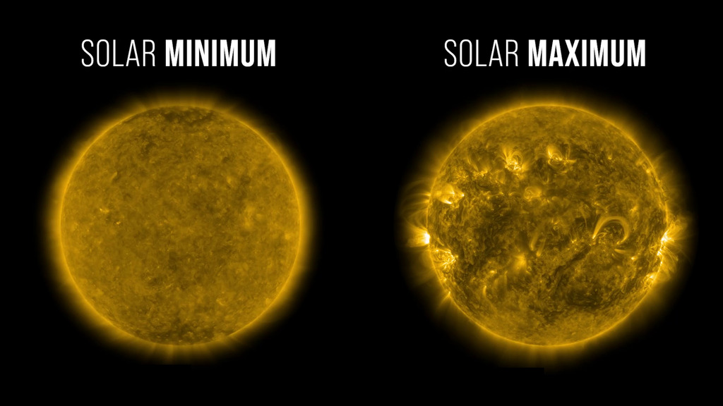 1. VideoImages from NASA’s Solar Dynamics Observatory highlight the appearance of the Sun at solar minimum (left, Dec. 2019) versus solar maximum (right, May 2024). These images are in the 171 wavelength of extreme ultraviolet light, which reveals the active regions on the Sun that are more common during solar maximum.Credit: NASA/SDO 