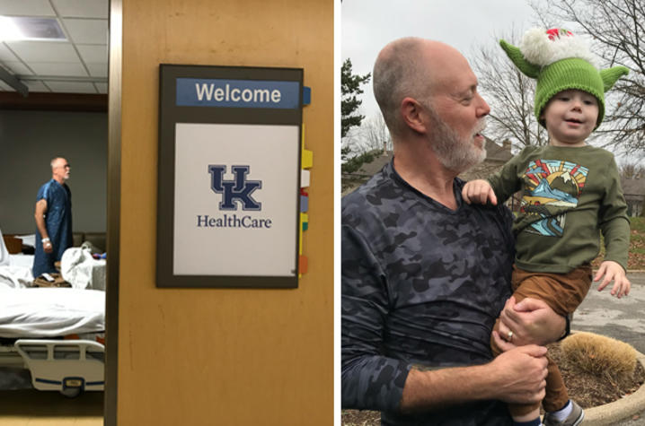 array of images; on left, Tom in his hospital room following his nephrectomy. On right, Tom with his grandson