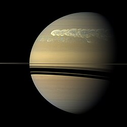 The huge storm (great white spot) churning through the atmosphere in Saturn's northern hemisphere (march 2012)