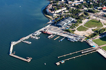 Seaplane Harbour with Tallinn aeroplane harbour hangars and icebreaker Suur Tõll. Photograph: Hiiumaa Mudeliklubi Licensing: CC-BY-SA-4.0