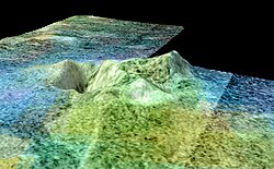 Doom Mons and Sotra Patera, apparent cryovolcanic features in false colors (december 2010)