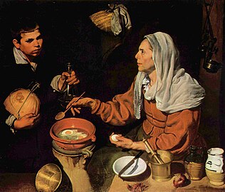 Old woman frying eggs label QS:Les,"Vieja friendo huevos" label QS:Lpl,"Stara kucharka" label QS:Len,"Old woman frying eggs" 1618, National Gallery, Edinburgh