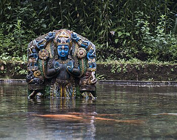 The God Vishnu sculpture from a small pond at Sheshnarayan Temple, around 10-15 km south of Kathmandu on the way to Dakshinkali Photograph: Ksssshl Licensing: CC-BY-SA-4.0