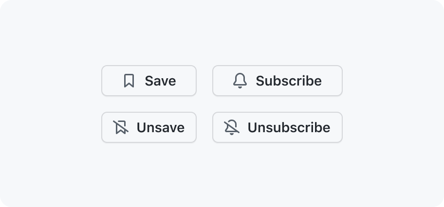 Two examples of correct off states for buttons. A 'Save' button with a outline bookmark icon and 'Unsave' button with a bookmark-slash icon. A 'Subscribe' button with a bell icon and 'Unsubscribe' button with a bell-slash icon.