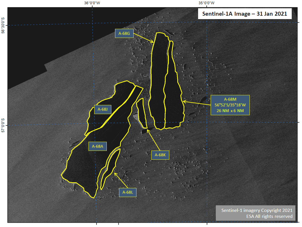 Satellite image of Icebergs A-68M