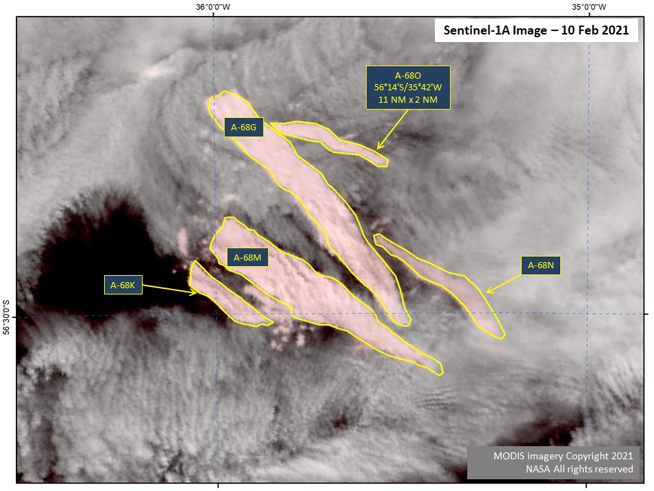 Satellite image of Icebergs A-68ON