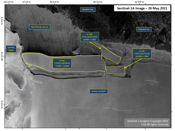 Satellite image of Icebergs A-76A, A-76B, and A-76C