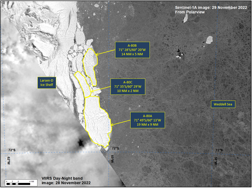 Satellite image of Iceberg A-80A, B, C