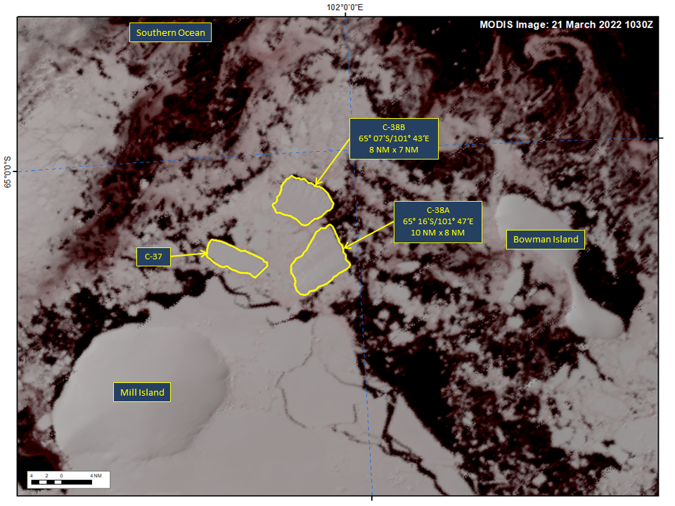 Satellite image of Iceberg C-38A and C-38B