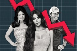 Kim Kardashian, Lisa Vanderpump, and Jeff Probst with a downward line graph 