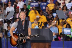 CLARKSTON, GEORGIA - OCTOBER 24: Musician Bruce Springsteen performs during a campaign event for Democratic presidential nominee, U.S. Vice President Kamala Harris with former President Barack Obama at the James R Hallford Stadium on October 24, 2024 in Clarkston, Georgia. Harris and Republican presidential nominee, former U.S. President Donald Trump, continue campaigning in battleground swing states before the November 5th election. (Photo by Alex Wong/Getty Images)