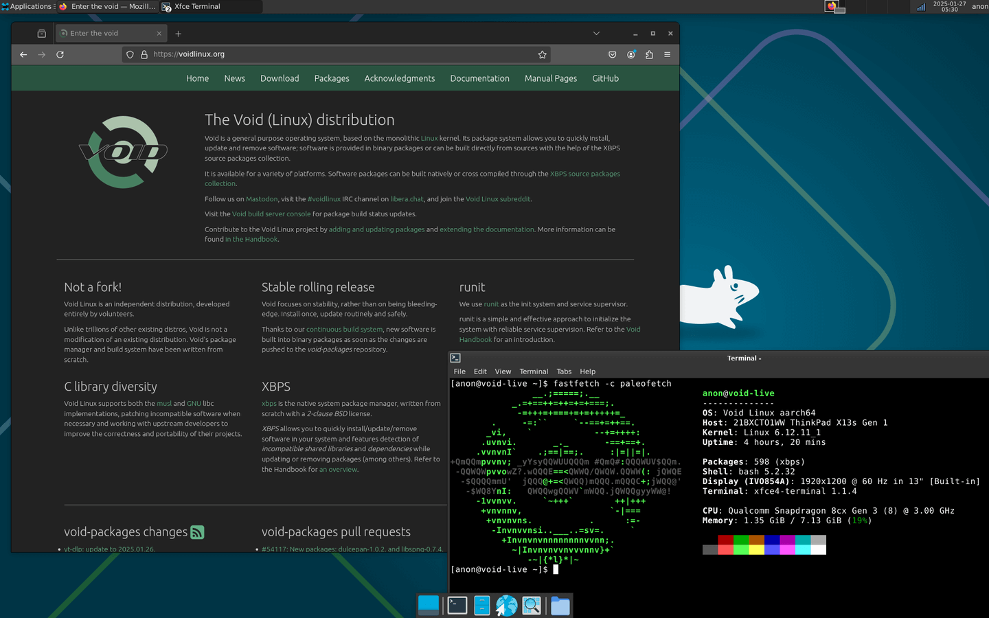 A screenshot of an xfce desktop with two windows. One is firefox showing voidlinux.org, one is a terminal showing fastfetch output, indicating that this is a Thinkpad X13s