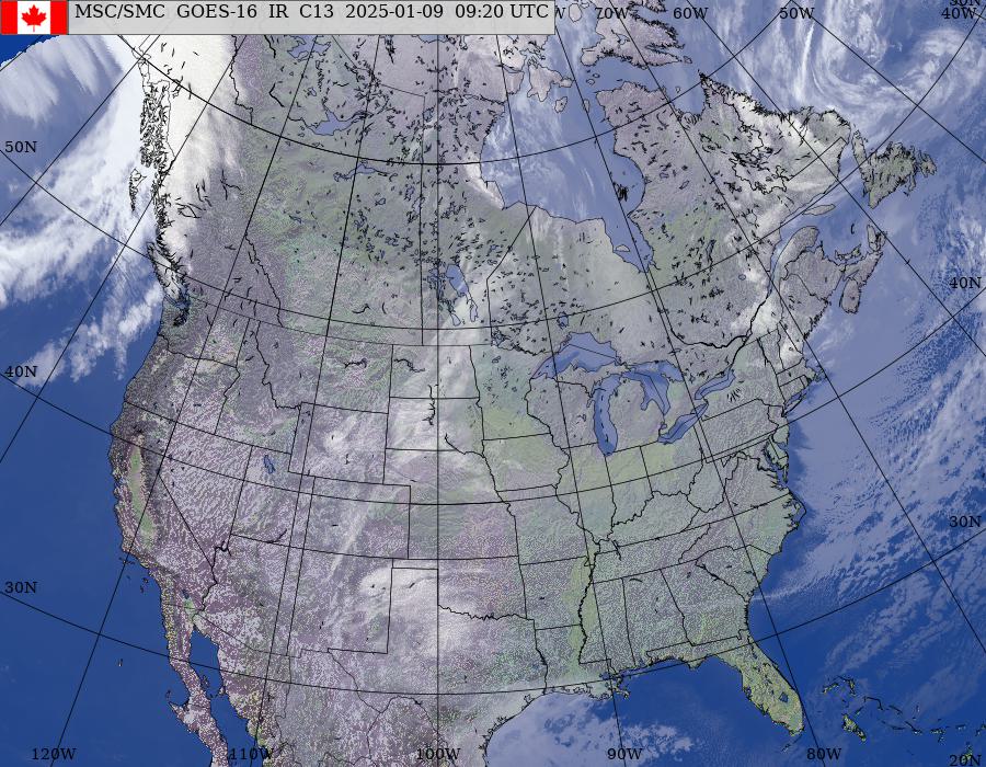 GOES–East/West North American Composite Satellite Image (infrared and topography)