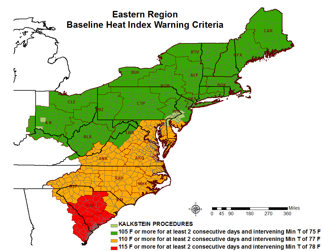 A map displaying Heat Index Warning criteria for the NWS Eastern Region.