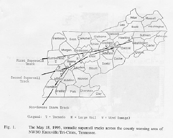 The May 18, 1995 tornadic supercell tracks across the county warning area of NWSO Knoxville/Tri-Cities, TN.