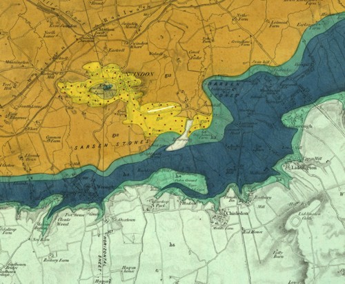 Extract of an early one-inch hand-coloured map covering Swindon 