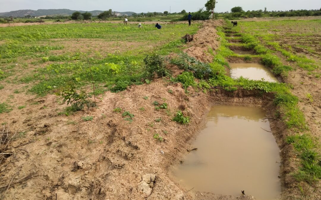 Trench-cum-bund pits line the edge of a farm in Raichur.