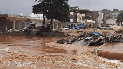 Flooded street with debris and damaged buildings, surrounded by muddy water. Trees and structures in the background under a cloudy sky.