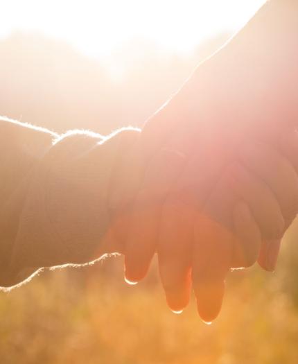 Two people holding hands with a bright sunlit background.