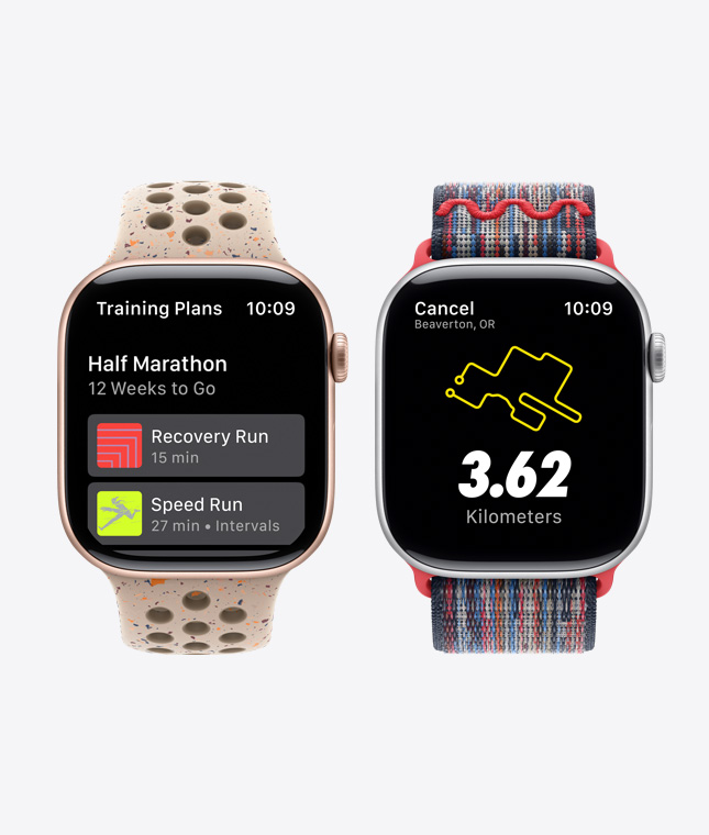 Dva modely Apple Watch s funkcemi Nike Run Clubu, jako jsou tréninkové plány nebo běh s trenérem