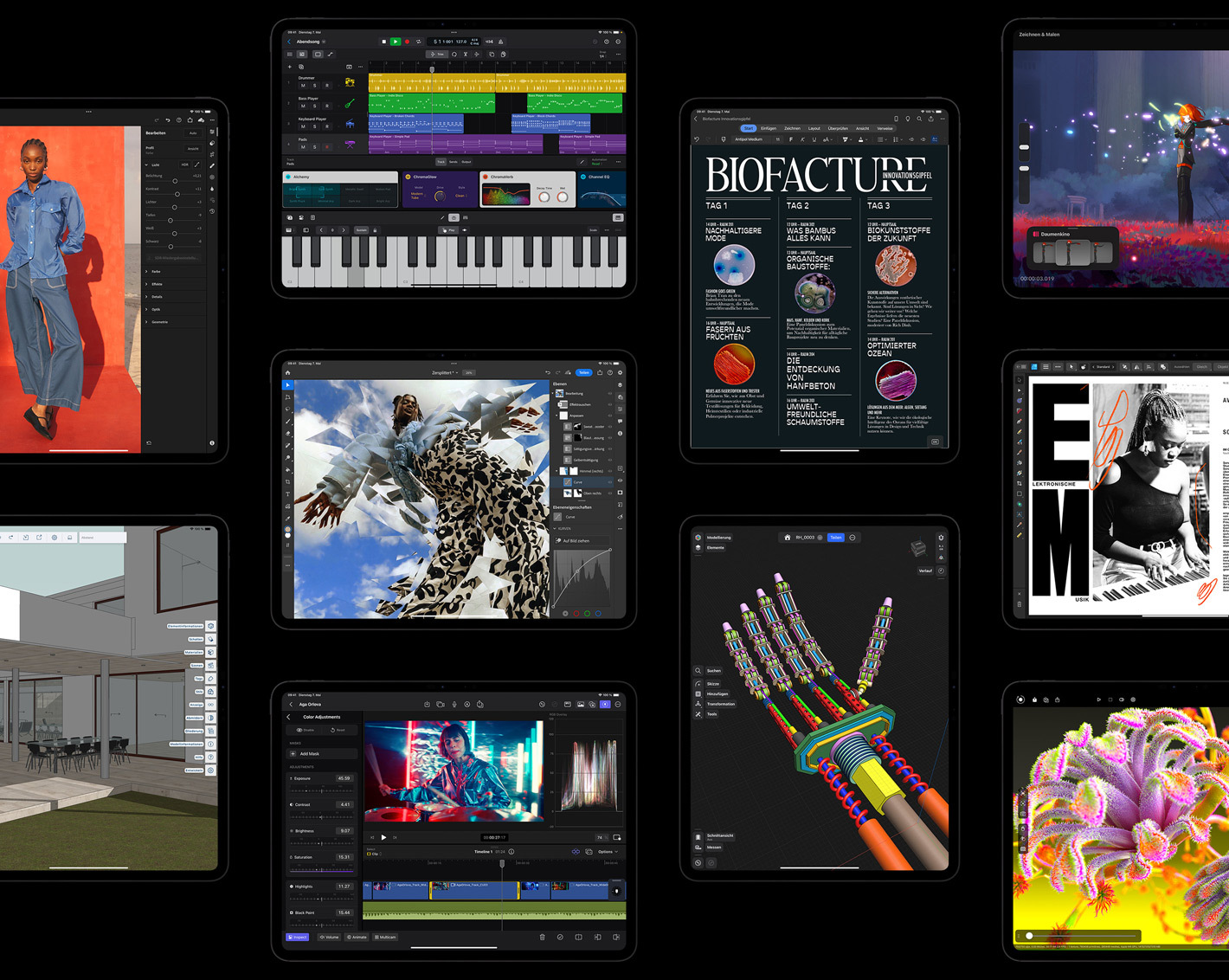 Zehn iPad Pro Displays zeigen verschiedene Apps wie Adobe Lightroom, SketchUp, Logic Pro, Adobe Photoshop, Final Cut Pro, Microsoft Word, Shapr3D, Procreate Dreams, Affinity Designer 2 und Octane X