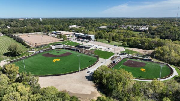 a aerial view of a field and trees