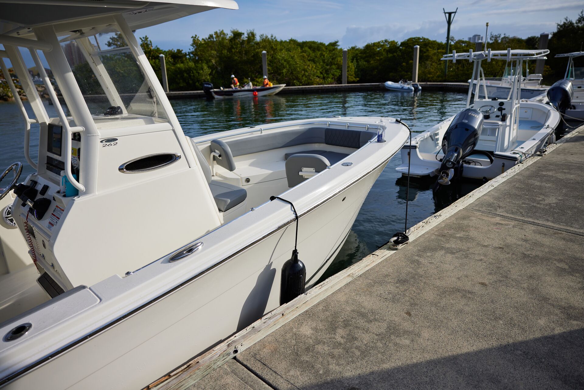 Boats next to the dock, Florida boat rentals concept. 