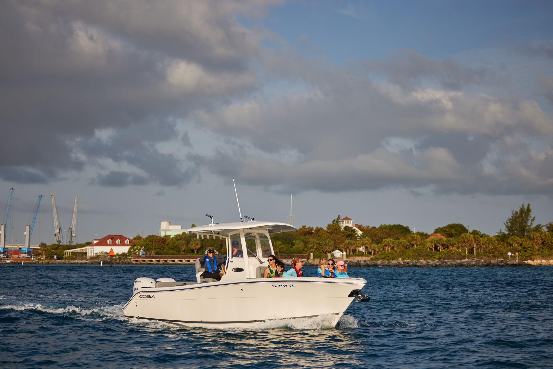 A bay boat on the water.