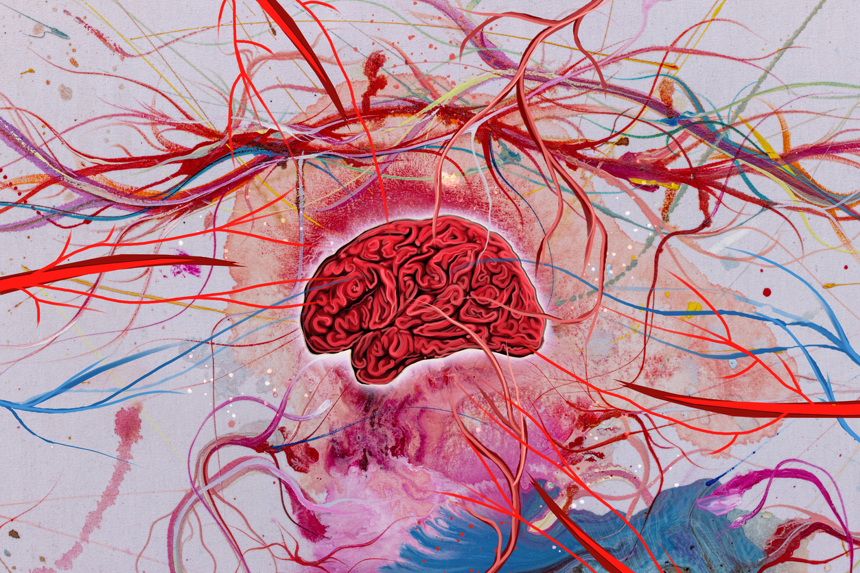 Abstract artwork of a red brain surrounded by vibrant, intertwining blood vessels and neural pathways in red, blue, and pink.