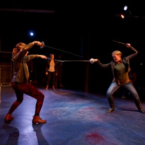 Susanna Young Norris (CFA’14) (from left), Cassandra Grilling (CFA’14), and Francesca Blanchard (CFA’14) in a scene from Femina Shakes’ production of Romeo and Juliet. Photo by Cydney Scott