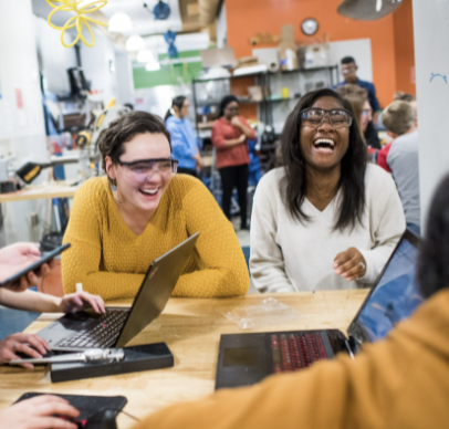 students laughing in class