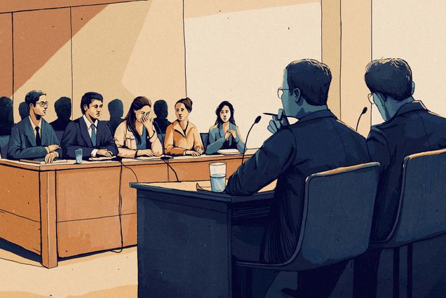 Courtroom illustration of United States asylum hearing.