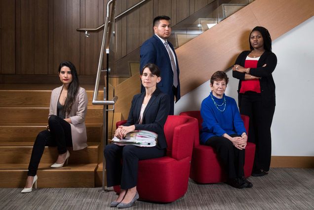 Cristina Hernandez (from left) Professor Sarah Sherman-Stokes, Briana Cardwell, Luis Guerrero, and former MIT professor Elizabeth Leeds. Photo by Cydney Scott