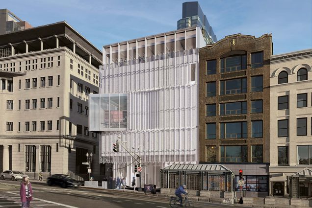 Photo: Architectural rendering of the proposed Holocaust Museum and Educational Center. Rendering shows a large white building in between two dark, brick buildings.